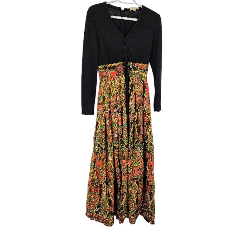 Vintage Gregg Draddy Dress Black Orange Paisley Long Sleeve Maxi Party Mod Sz 10